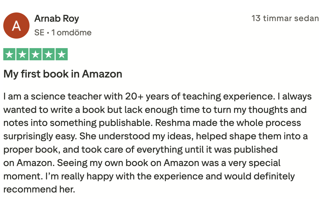 Trustpilot review by Arnab Roy - 5 stars - science teacher who published his first book on Amazon with Reshma's help