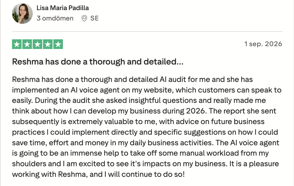 Trustpilot review by Lisa Maria Padilla - 5 stars - Reshma did a thorough AI audit and implemented an AI voice agent